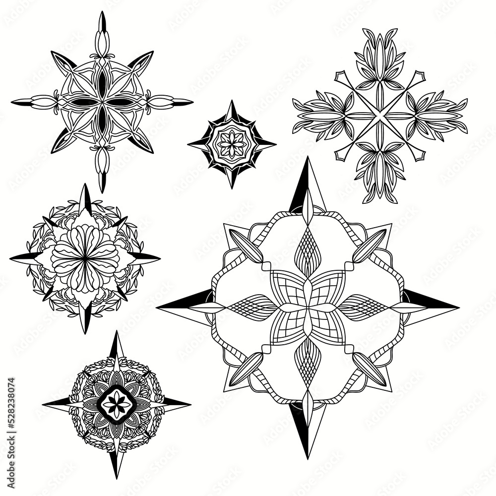 black and white mariner's compass tattoo design set ilustração do Stock