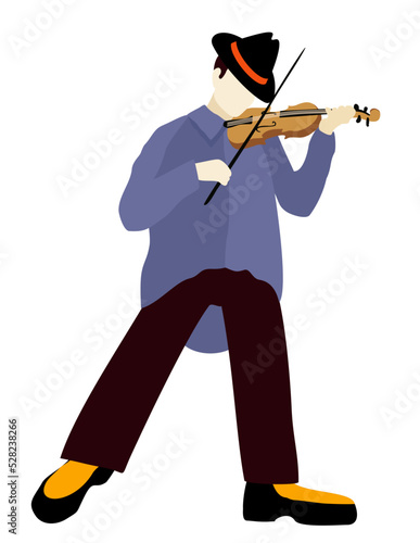 Vector illustration of violinist in fedora hat, blue shirt and dark trousers with violin. Isolated on white background.