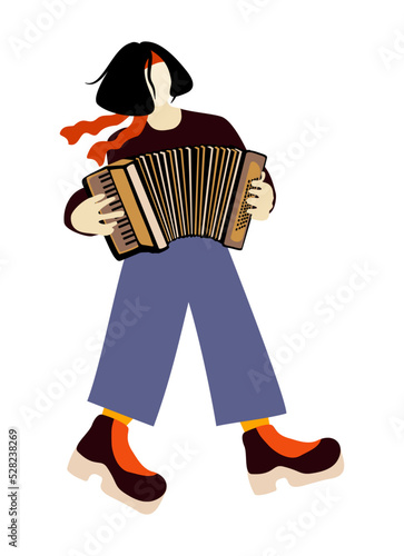 Vector bright illustration of accordionist isolated on white background.