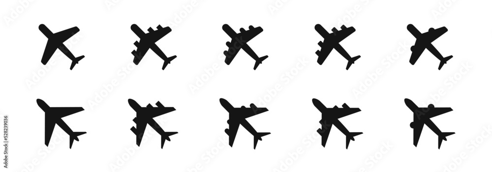 Airplane icon set. Aircraft icon collection. Aeroplane icons. Flat black flight icons. Vector graphic