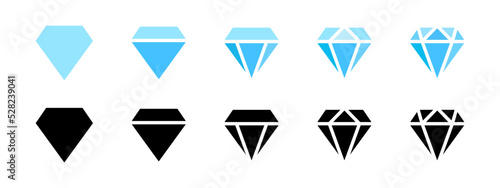 Diamond icon collection. Different diamond shapes. Dimond icon set in flat style. Gem icons. Gemstone icon set. Vector graphic photo