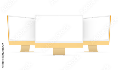 Modern Yellow Computer Monitors With Blank Screens, Front and Side View, Isolated on White Background. Vector Illustration