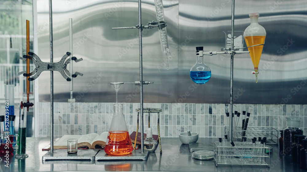 Laboratory research, test tubes with lab glassware, science laboratory research and development concept