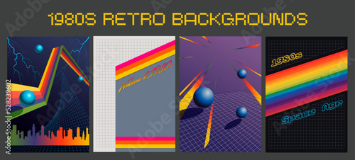 1980s Retro Style Abstract Posters. Bright Colors 3D Backgrounds Set