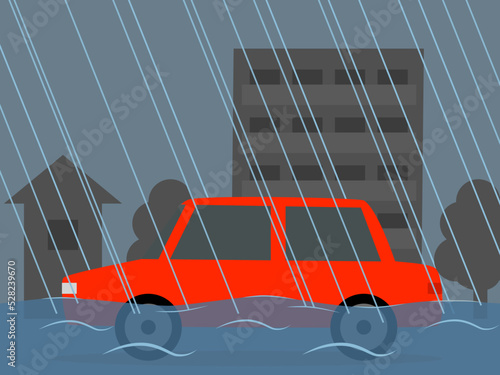 大雨で浸水する赤い車（横から）