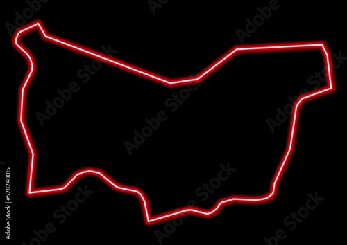 Red glowing neon map of Redbridge United Kingdom on black background.