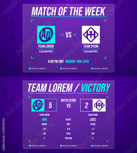 Match of the week, statistics screen, glassmorphism colorful background template. E sports background for game statistics, mvp, victory screen, versus, match result. Eps10 vector