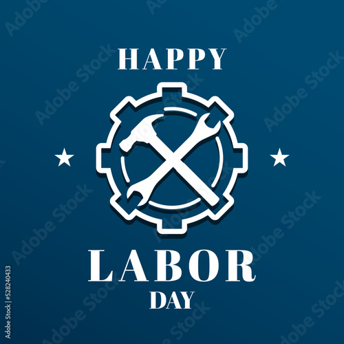Happy labor day banner design. Illustration of gear, hammer, and wrench. Usable for social media post, banner, card, and web.