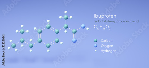Fotografie ibuprofen, isobutylphenylpropionic acid, molecular structures, 3d model, Structu