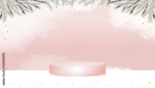 3D Display pedestal podium with Christmas Tree branches and gold elements with snowing on pink background,Vector design concept for Christmas card.Backdrop for New Year, Winter holiday Sale,Promotion