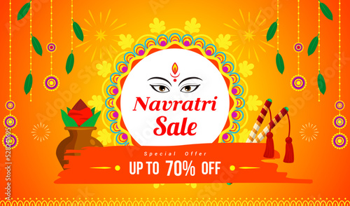 Navratri Sale background template vector illustration. Goddess Mahadevi, Dandiya sticks and kalash(pitcher pot) on orange background..