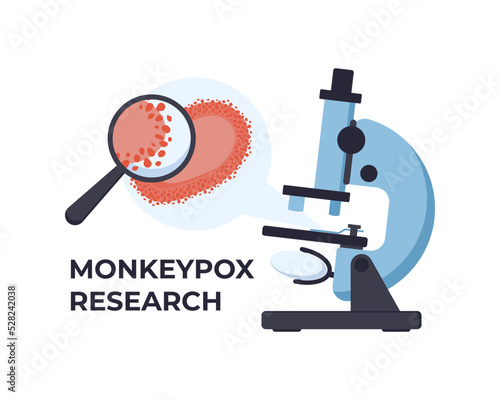 Monkeypox virus and microscope. Microbiology concept.