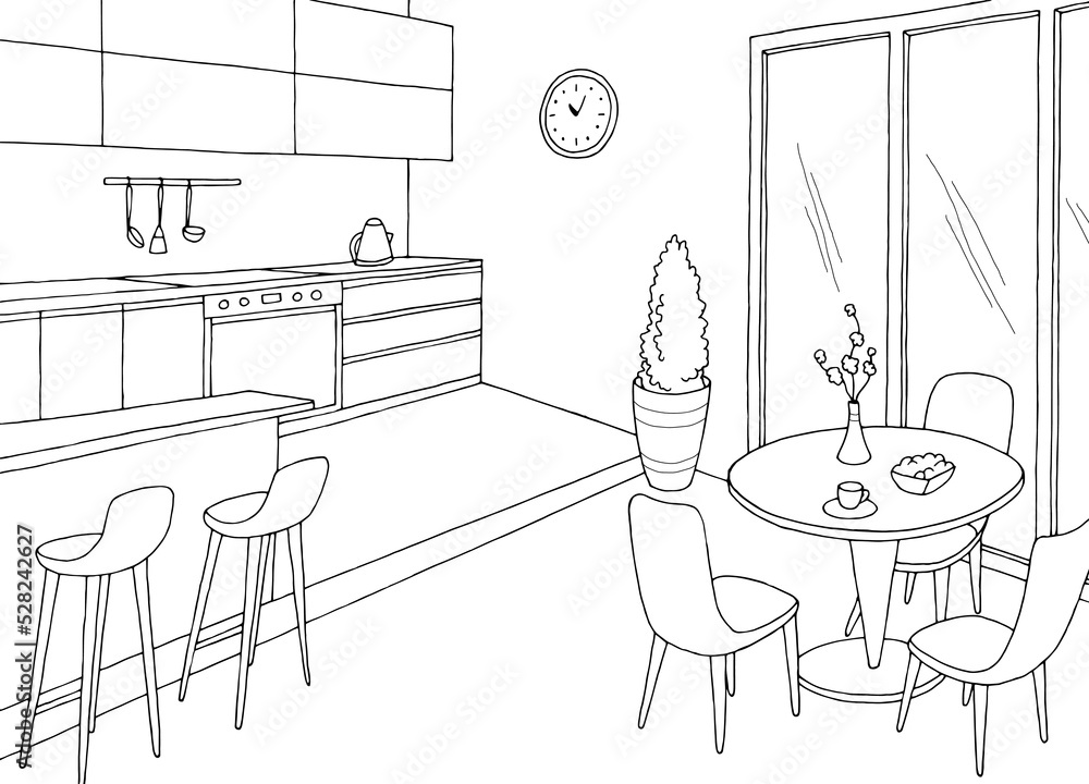Fototapeta premium Kitchen room graphic black white home interior sketch illustration vector 