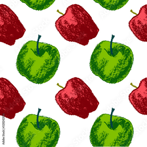 Colorful apple background. Vector apples seamless pattern with fruit hand drawn pencil illustration for vegan banner, juice, baby food packaging, jam label design. Color fruits backdrop. Cider badge.
