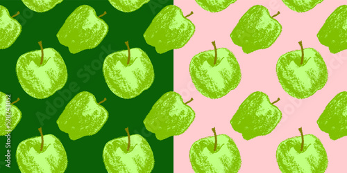 Green apple background. Vector apples seamless pattern with fruit hand drawn pencil illustration for vegan banner, juice, baby food packaging, jam label design. Color fruits backdrop. Cider badge.