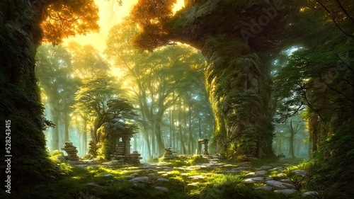 Fantasy forest landscape with stone ruins and bizarre vegetation at a beautiful sunset. Ancient stone fantasy magic portal  passage to the unreal world. Green dense forest with sun rays. 