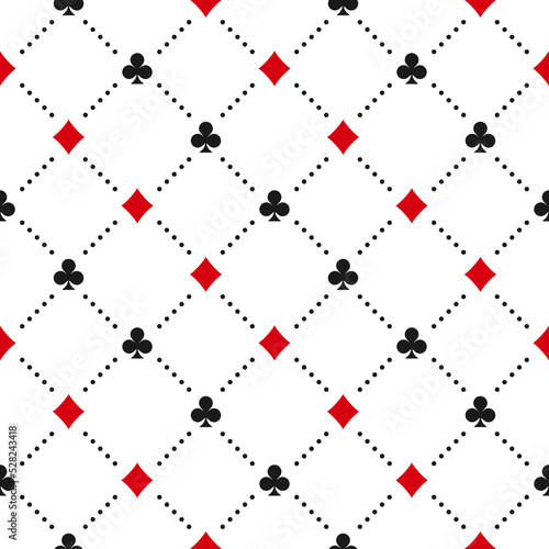 Seamless pattern with diamonds and clubs cards suits symbols. Casino gambling, poker background. Alice in wonderland ornament. Fantasy wallpaper.