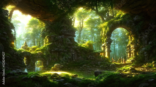 Fantasy forest landscape with stone ruins and bizarre vegetation at a beautiful sunset. Ancient stone fantasy magic portal, passage to the unreal world. Green dense forest with sun rays.  photo
