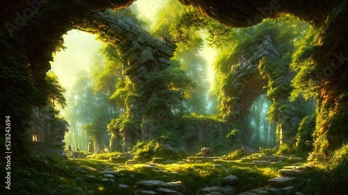 Slika na platnu Fantasy forest landscape with stone ruins and bizarre vegetation at a beautiful sunset