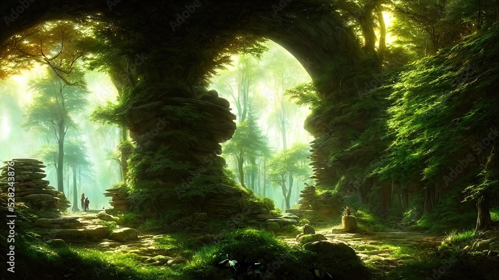 Fantasy forest landscape with stone ruins and bizarre vegetation at a beautiful sunset. Ancient stone fantasy magic portal, passage to the unreal world. Green dense forest with sun rays. 3D