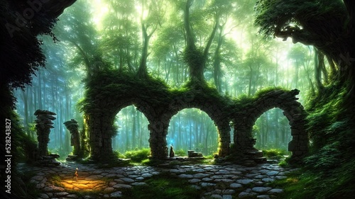 Fantasy forest landscape with stone ruins and bizarre vegetation at a beautiful sunset. Ancient stone fantasy magic portal, passage to the unreal world. Green dense forest with sun rays. 