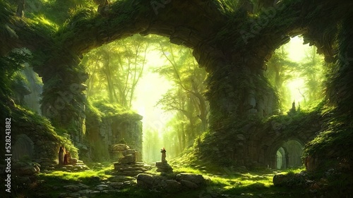 Fantasy forest landscape with stone ruins and bizarre vegetation at a beautiful sunset. Ancient stone fantasy magic portal  passage to the unreal world. Green dense forest with sun rays. 3D
