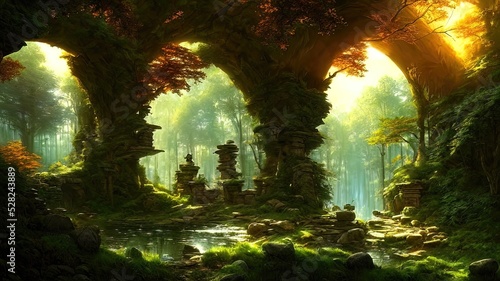 Fantasy forest landscape with stone ruins and bizarre vegetation at a beautiful sunset. Ancient stone fantasy magic portal, passage to the unreal world. Green dense forest with sun rays. 3D © Terablete