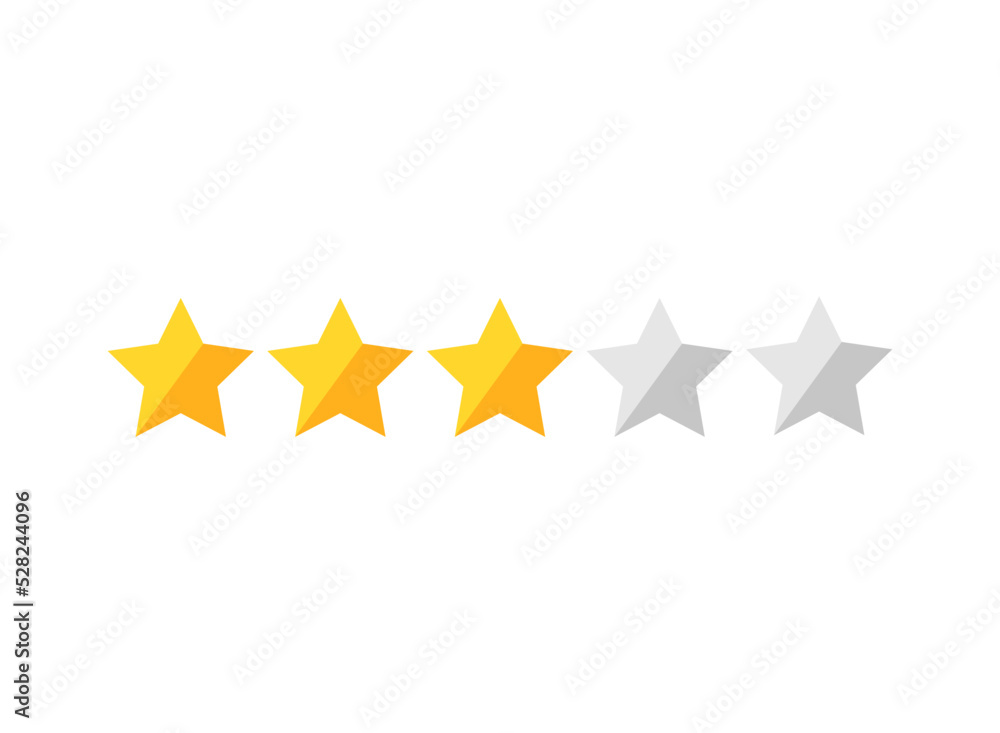 Three golden stars with two not active. Rating button. Customer product rating review icon. Vector illustration. Assessment for web sites and apps. Three golden stars with two not active. Rating button. Customer product rating review icon. Vector illustration. Assessment for web sites and apps.