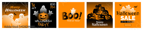 boo happy halloweeen sale party square greeting cards  banners design set  with cute ghosts   pumpkins bat vector illustration