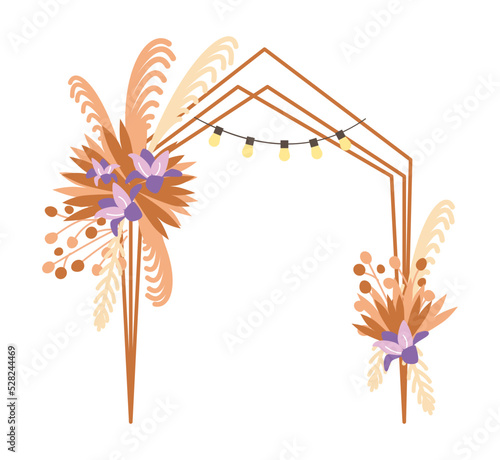 Wedding arch in eco-style. Boho floral decor. A beautiful wedding. Flowers, dry branches and light bulbs