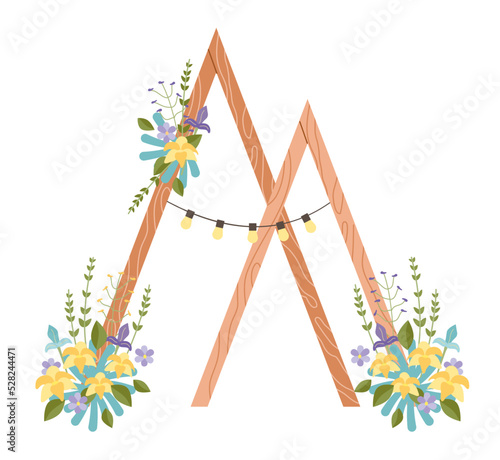 Modern wooden wedding arch with ribbons and flowers in boho style. Triangular arches, light bulbs