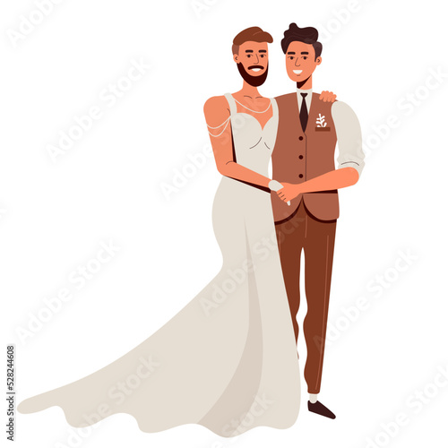 LGBT wedding. Two loving gay men. A bearded handsome man in a white bride's dress. love is love