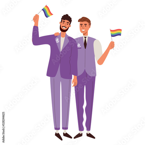 LGBT wedding. Gay men in purple and suits with rainbow flags. congratulations to the grooms.  pride!