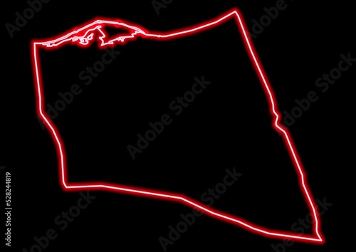 Red glowing neon map of Shamal Sina' Egypt on black background.