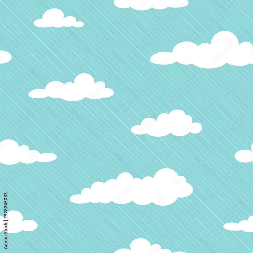 Cute seamless ornament with white clouds on powder blue background.