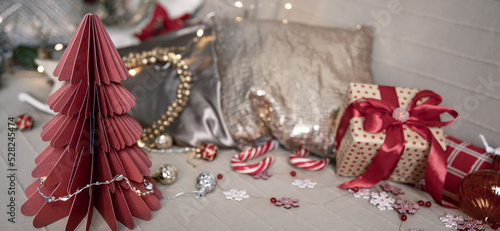 Cozy Christmas background with festive decor details.
