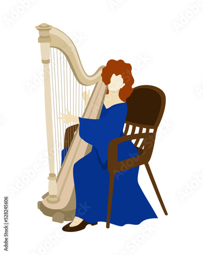 Harpist in bright long orange dress playing her instrument. Vector isolated illustration.