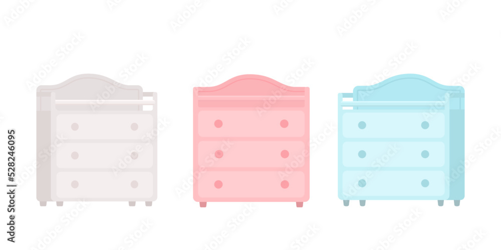 Baby changing tables in front and three quarters for nursery. Isolated