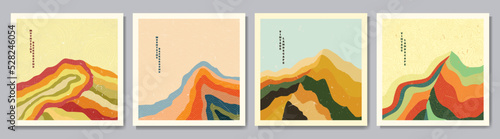 Vector illustration. Mid century modern graphic. 50s, 60s retro art. Grunge scratched texture. Minimalist mountain landscape. Striped hand drawn hills. Linear pattern. Vintage graphic design elements