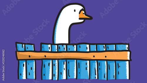 A goose peeks out from behind an extinguished wooden fence. Handdrawn illustration with a farm animal. Vintage illustration with grungy texture. The goose watches from ambush on purple background