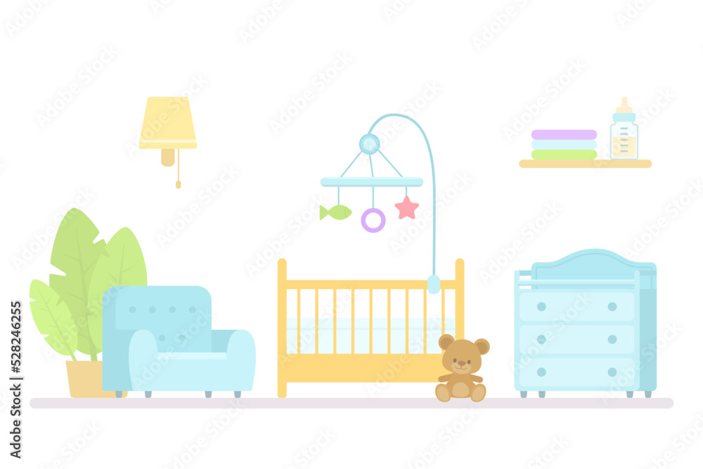 Baby crib, changing table and armchair for nursery. Cartoon flat style. Home interior concept. Vector illustration Baby crib, changing table and armchair for nursery. Cartoon flat style. Home interior concept. Vector illustration