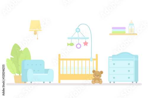 Baby crib, changing table and armchair for nursery. Cartoon flat style. Home interior concept. Vector illustration