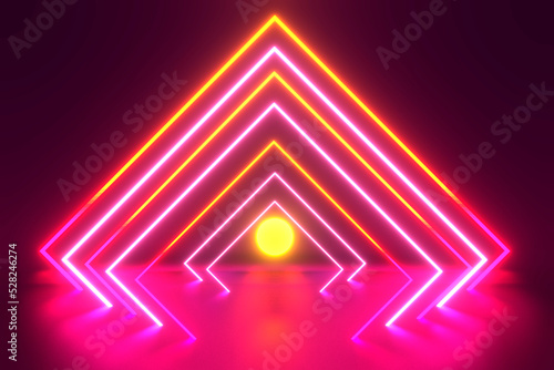 3d neon square tunnel with moon. Endless optical illusion portal. Glowing lines virtual reality corridor. Science futuristic background illustration. Abstract laser show light effect. Arch frame.