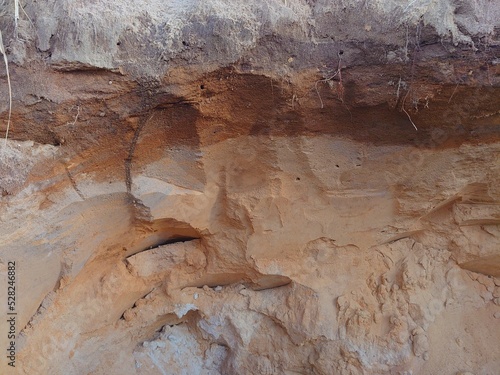 Texture of sandstone. Slice or cuts of sandy soil. Sections of sand in the ground.