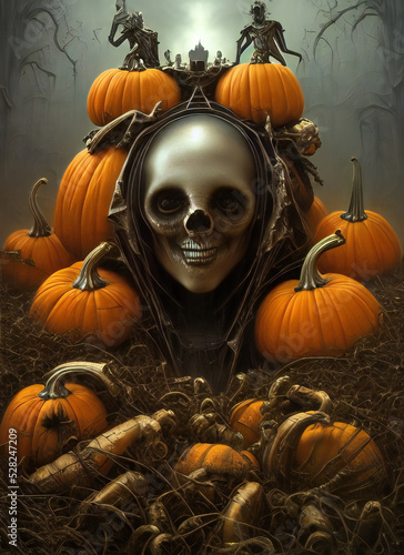 Spooky skull monster among heap of pumpkins. Halloween AI generated illustration photo