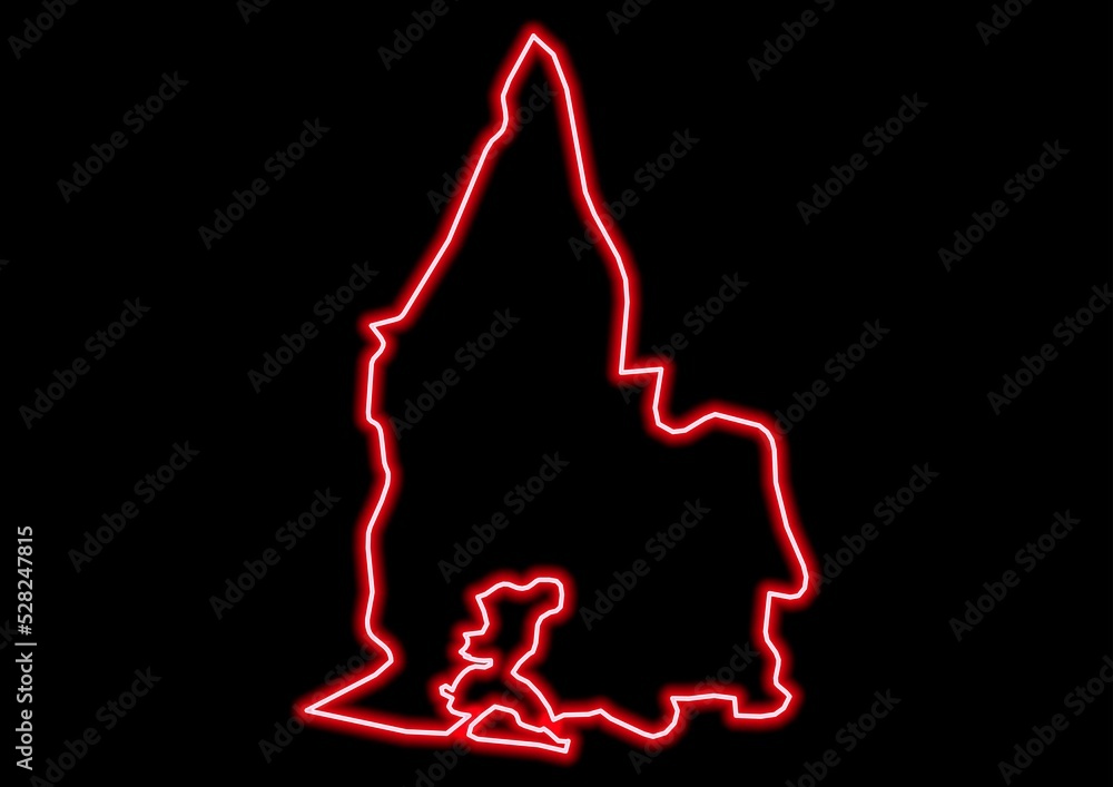 Red glowing neon map of Sud-Comoé Ivory Coast on black background. Red glowing neon map of Sud-Comoé Ivory Coast on black background.