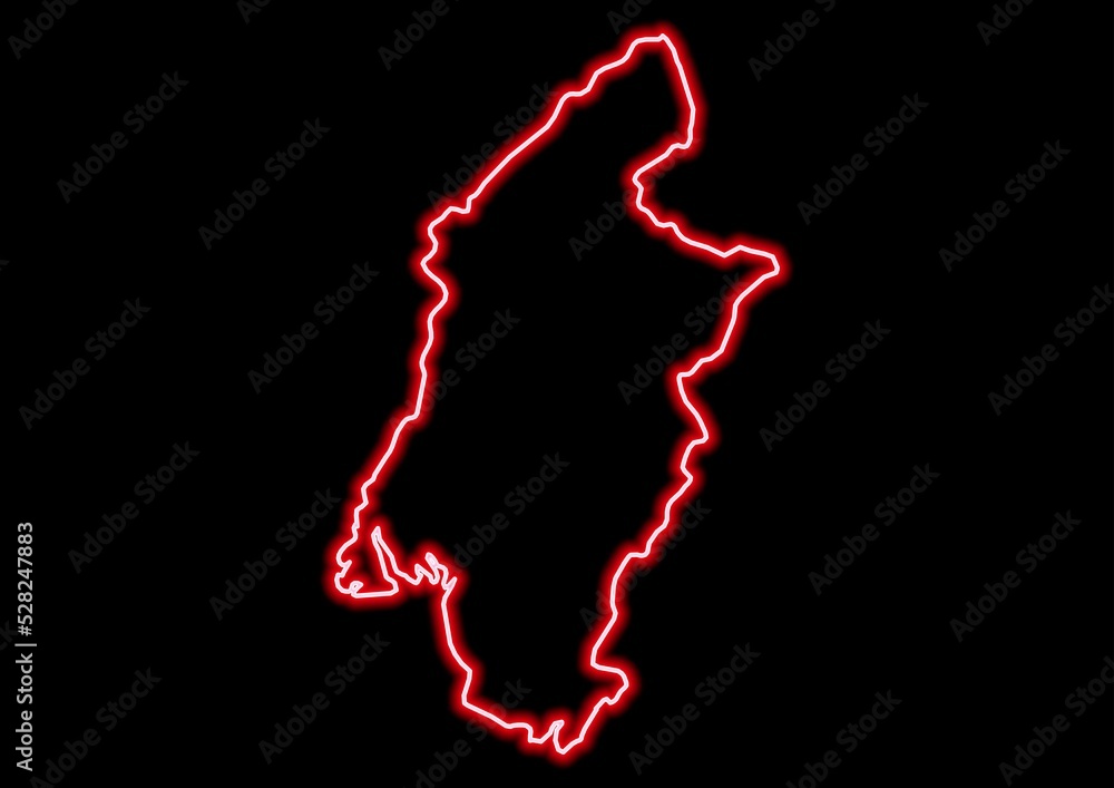Red glowing neon map of Sud-Ouest Cameroon on black background. Red glowing neon map of Sud-Ouest Cameroon on black background.