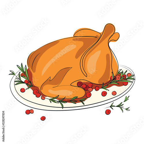 Roast turkey on the plate with cranberries and rosemary vector illustration.Thanksgiving turkey or roast chicken hand drawn illustration in simple linerstyle. Roasted poultry