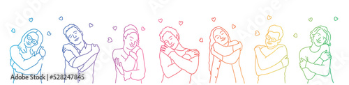 Set of people hugging themselves with hearts on a white background.