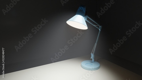 A table lamp sits on a table and illuminates a dark room. 3D rendering